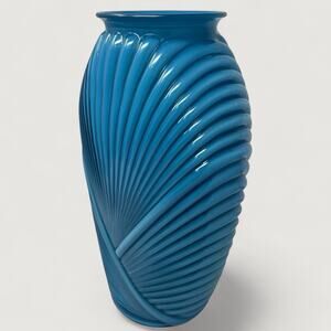 Teal Ribbed Glass Vase Art Deco Style 1990s Sculptural Statement Decor